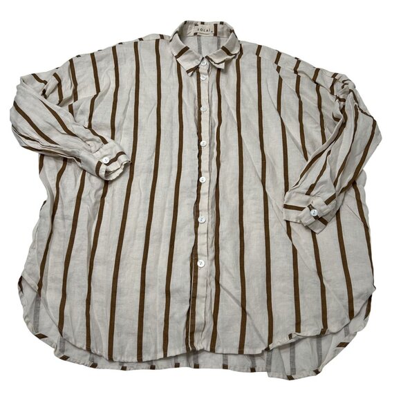 SOLAI Capri Linen Oversized Button Top in Toffee Stripe - Picture 1 of 5